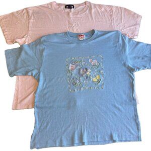 BUNDLE LOT OF 2 VINTAGE T Shirt Wms Plus Size 3X Pink Blue Floral Embroidery Top